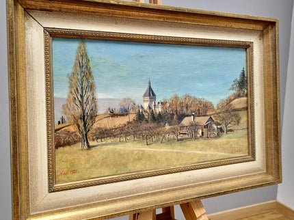 Vintage Swiss Landscape Oil Painting, Framed Farmhouse Art, 1920s