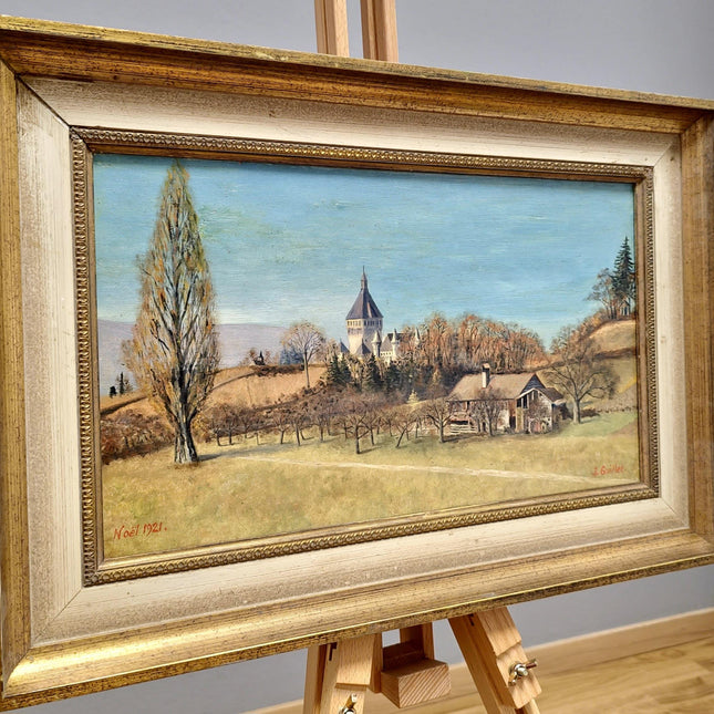 Vintage Swiss Landscape Oil Painting, Framed Farmhouse Art, 1920s