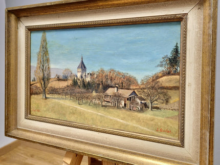Vintage Swiss Landscape Oil Painting, Framed Farmhouse Art, 1920s
