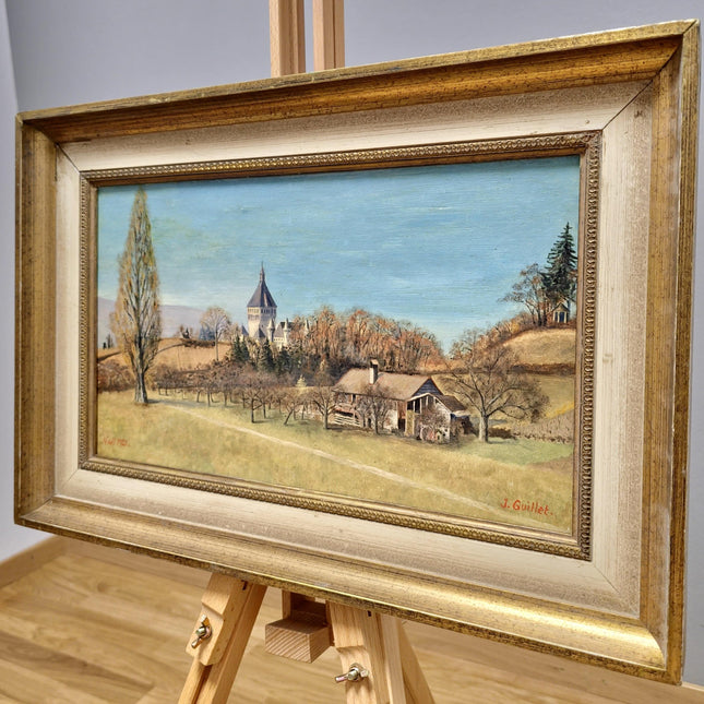 Vintage Swiss Landscape Oil Painting, Framed Farmhouse Art, 1920s