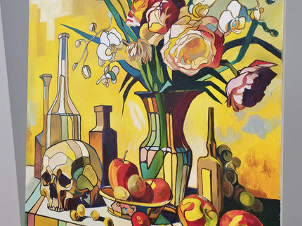 Vibrant Still Life Original Oil Painting, Modern Moody Floral Fruits Skull Cubist Contemporary Paintings, Modern Home Farmhouse Decor
