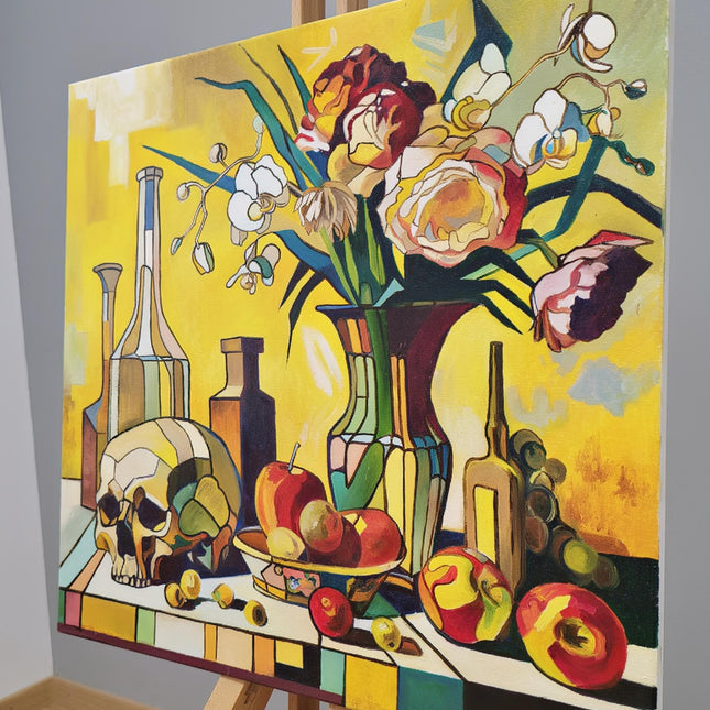 Vibrant Still Life Original Oil Painting, Modern Moody Floral Fruits Skull Cubist Contemporary Paintings, Modern Home Farmhouse Decor
