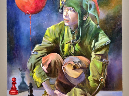 French Surreal Jester Oil Painting, Moody Whimsical Figurative Art