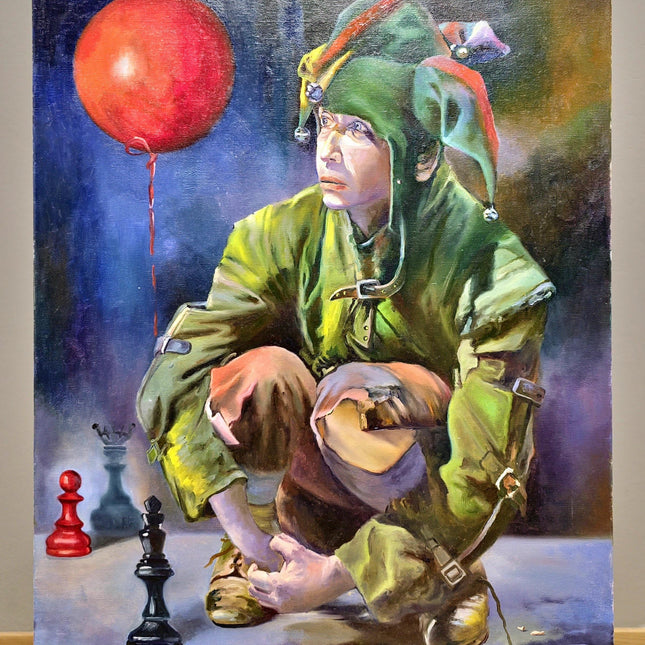 French Surreal Jester Oil Painting, Moody Whimsical Figurative Art