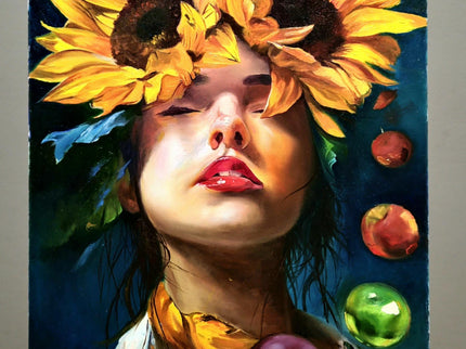 Surreal Woman with Sunflowers Oil Painting, French Portrait Art