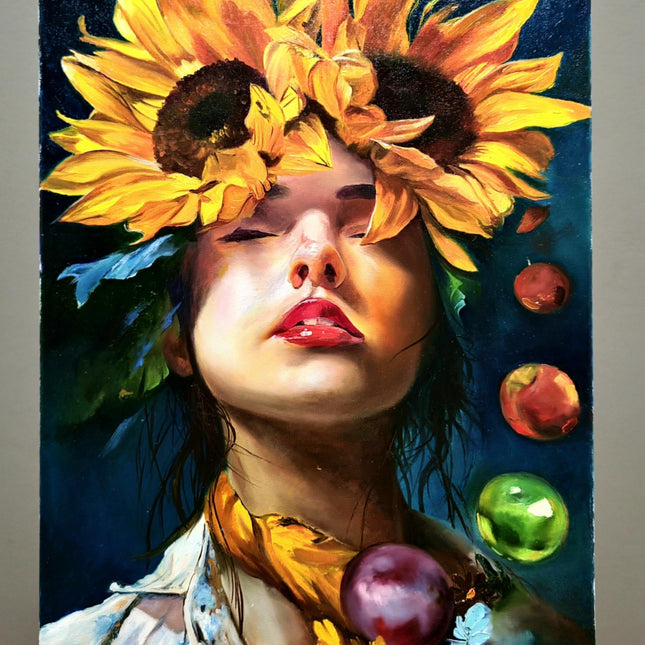 Surreal Woman with Sunflowers Oil Painting, French Portrait Art