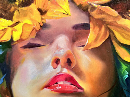 Surreal Woman with Sunflowers Oil Painting, French Portrait Art