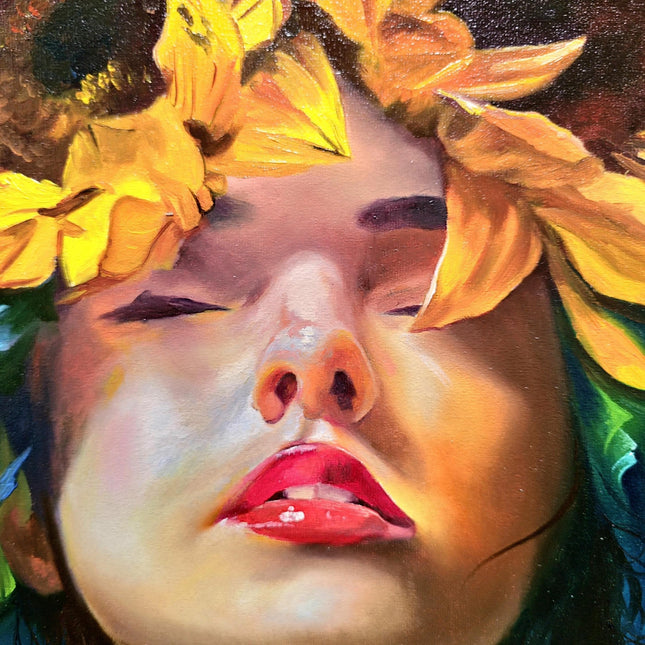 Surreal Woman with Sunflowers Oil Painting, French Portrait Art