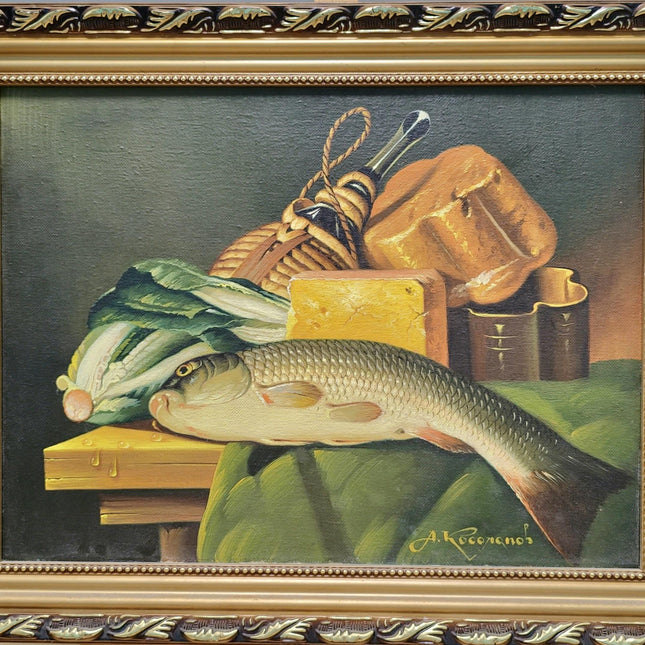 Vintage European Still Life Oil Painting Canvas, Soft Muted Fish Cheese Food Ornate Frame Original Painting, French Farmhouse Kitchen Decor
