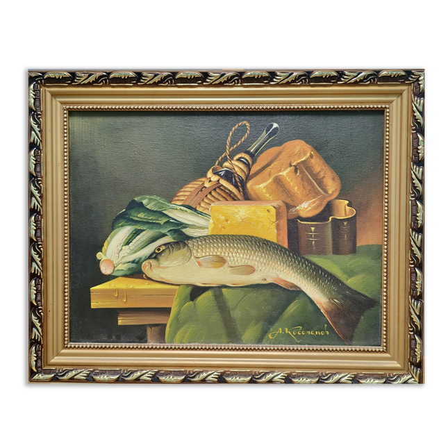 Vintage European Still Life Oil Painting Canvas, Soft Muted Fish Cheese Food Ornate Frame Original Painting, French Farmhouse Kitchen Decor