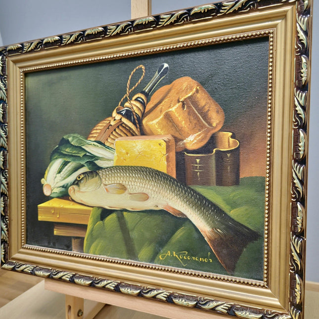 Vintage European Still Life Oil Painting Canvas, Soft Muted Fish Cheese Food Ornate Frame Original Painting, French Farmhouse Kitchen Decor