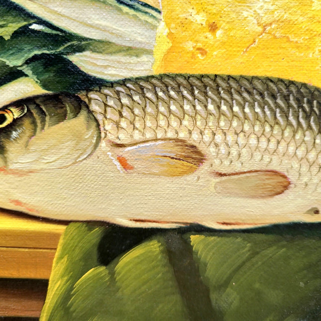 Vintage European Still Life Oil Painting Canvas, Soft Muted Fish Cheese Food Ornate Frame Original Painting, French Farmhouse Kitchen Decor