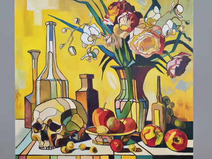 Vibrant Still Life Original Oil Painting, Modern Moody Floral Fruits Skull Cubist Contemporary Paintings, Modern Home Farmhouse Decor