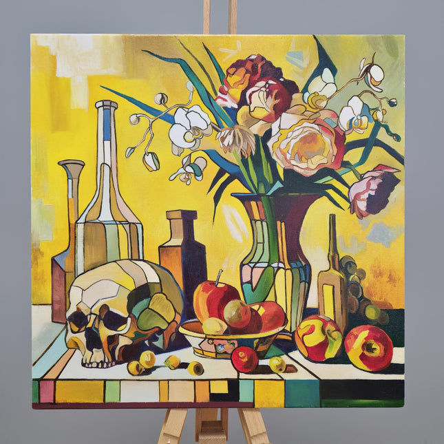 Vibrant Still Life Original Oil Painting, Modern Moody Floral Fruits Skull Cubist Contemporary Paintings, Modern Home Farmhouse Decor