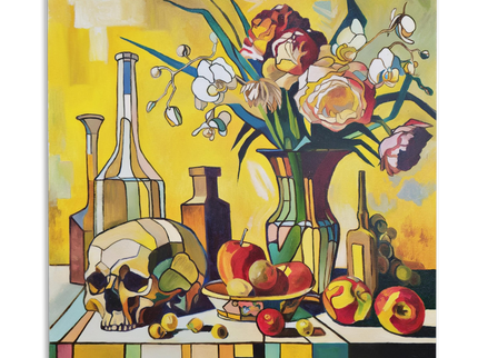 Vibrant Still Life Original Oil Painting, Modern Moody Floral Fruits Skull Cubist Contemporary Paintings, Modern Home Farmhouse Decor