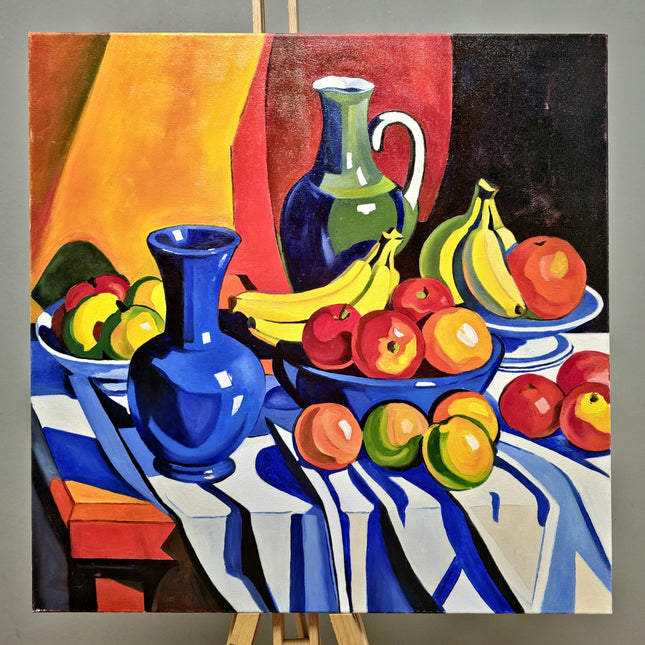 Contemporary Still Life Oil Painting, Modern Bold Colorful Fruits Floral Vase Original Expressive Painting, Farmhouse Kitchen Tabletop Decor