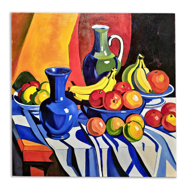 Contemporary Still Life Oil Painting, Modern Bold Colorful Fruits Floral Vase Original Expressive Painting, Farmhouse Kitchen Tabletop Decor