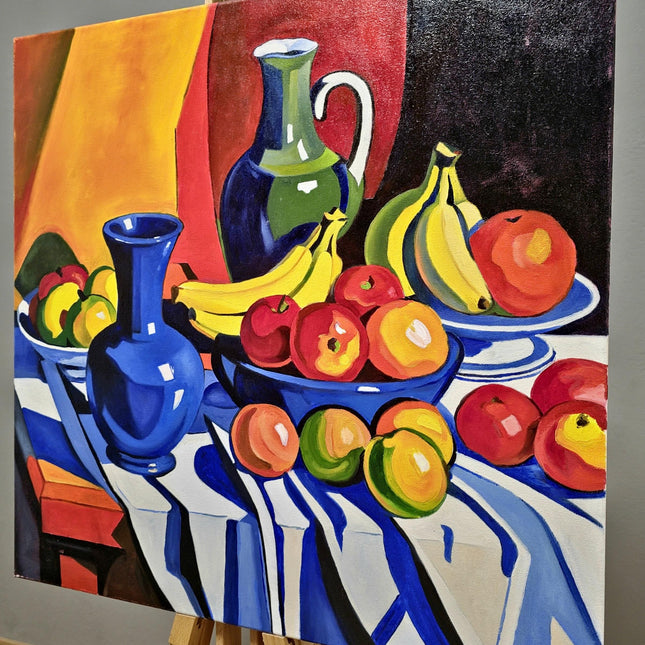 Contemporary Still Life Oil Painting, Modern Bold Colorful Fruits Floral Vase Original Expressive Painting, Farmhouse Kitchen Tabletop Decor