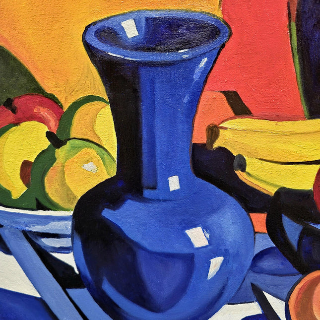 Contemporary Still Life Oil Painting, Modern Bold Colorful Fruits Floral Vase Original Expressive Painting, Farmhouse Kitchen Tabletop Decor