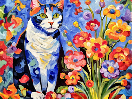 Modern Floral Cat Original Painting, Fantasy Colorful Moody Flowers Feline Cat Expressive Oil Painting, Cat Themed Gifts, Housewarming Gift