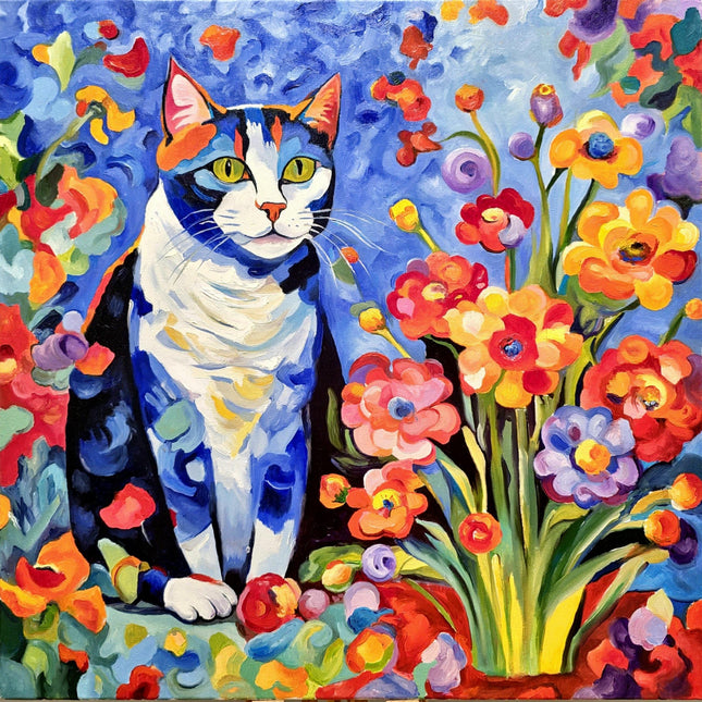 Modern Floral Cat Original Painting, Fantasy Colorful Moody Flowers Feline Cat Expressive Oil Painting, Cat Themed Gifts, Housewarming Gift