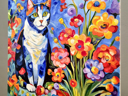 Modern Floral Cat Original Painting, Fantasy Colorful Moody Flowers Feline Cat Expressive Oil Painting, Cat Themed Gifts, Housewarming Gift