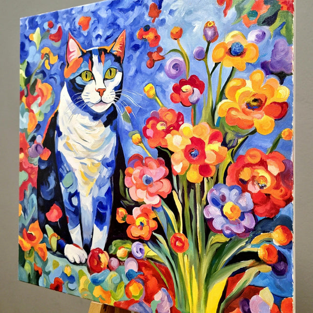 Modern Floral Cat Original Painting, Fantasy Colorful Moody Flowers Feline Cat Expressive Oil Painting, Cat Themed Gifts, Housewarming Gift