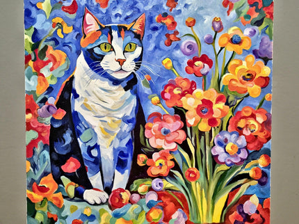 Modern Floral Cat Original Painting, Fantasy Colorful Moody Flowers Feline Cat Expressive Oil Painting, Cat Themed Gifts, Housewarming Gift