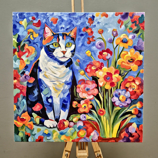 Modern Floral Cat Original Painting, Fantasy Colorful Moody Flowers Feline Cat Expressive Oil Painting, Cat Themed Gifts, Housewarming Gift