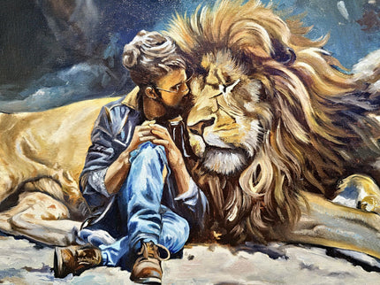 Original Wildlife Oil Painting, Man and Lion Art, Moody Home Decor
