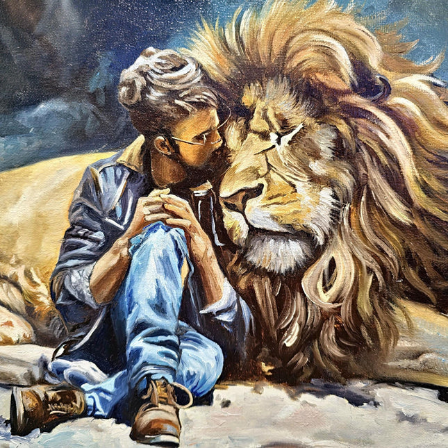 Original Wildlife Oil Painting, Man and Lion Art, Moody Home Decor