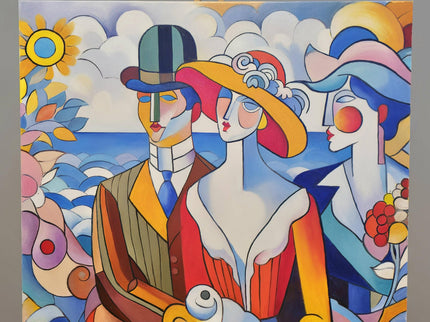 Geometric Muses Oil Painting – French Cubist Seascape, Modern Art
