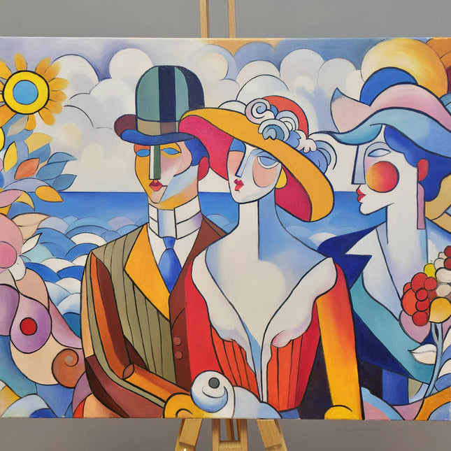 Geometric Muses Oil Painting – French Cubist Seascape, Modern Art