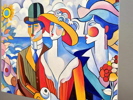 Geometric Muses Oil Painting – French Cubist Seascape, Modern Art