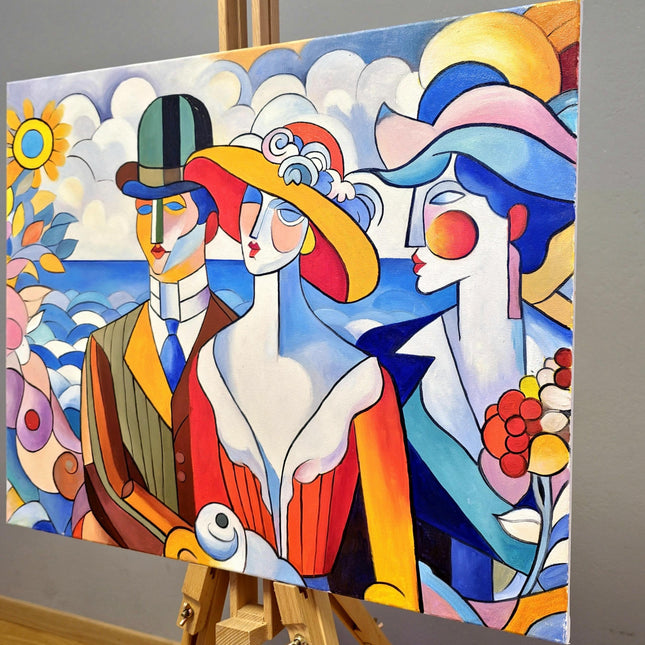 Geometric Muses Oil Painting – French Cubist Seascape, Modern Art
