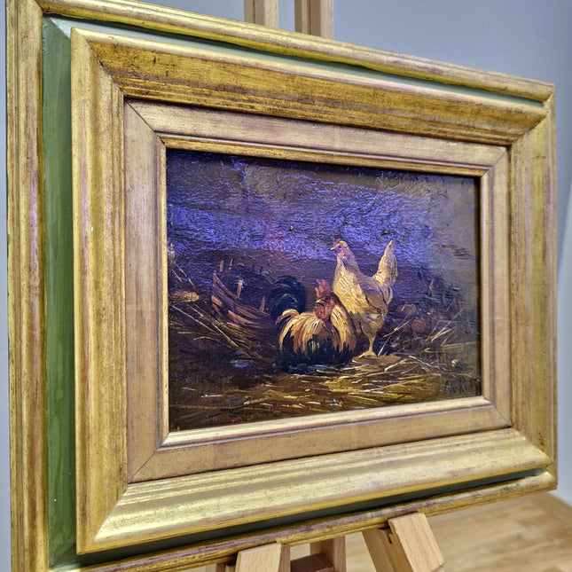 Antique Swiss Farmyard Oil Painting, Signed Chicken Animal Scene, Rustic Farmhouse Wall Decor, Cottagecore Art, Collectible Fine Piece
