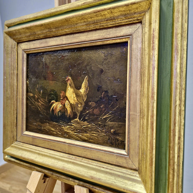 Antique Swiss Farmyard Oil Painting, Signed Chicken Animal Scene, Rustic Farmhouse Wall Decor, Cottagecore Art, Collectible Fine Piece