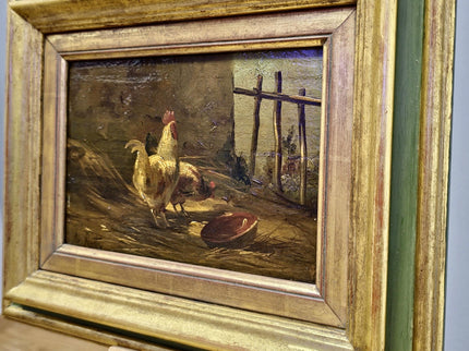 Antique Chicken Oil Painting, 19th Century Farm Scene, Framed Realism Wall Art, Rural Life Artwork, Rustic Home Decor, Housewarming Gift