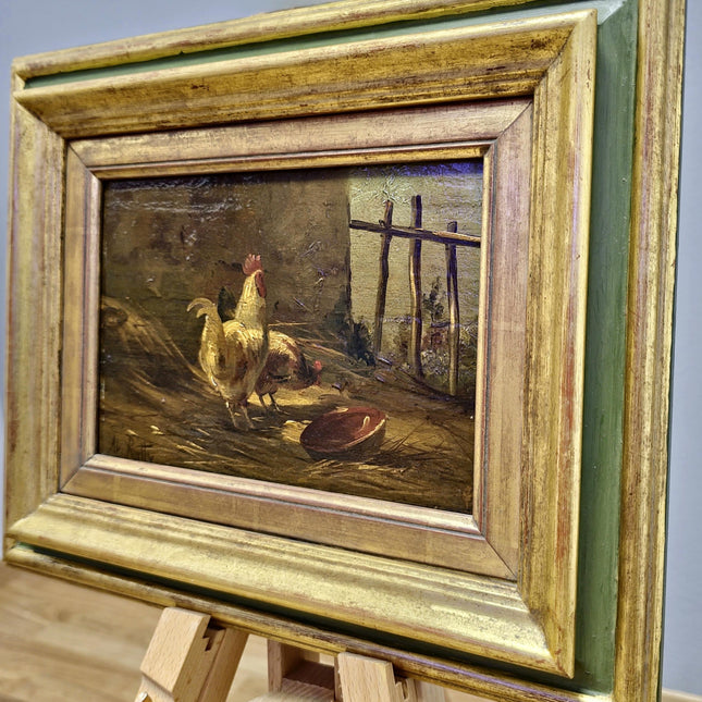 Antique Chicken Oil Painting, 19th Century Farm Scene, Framed Realism Wall Art, Rural Life Artwork, Rustic Home Decor, Housewarming Gift