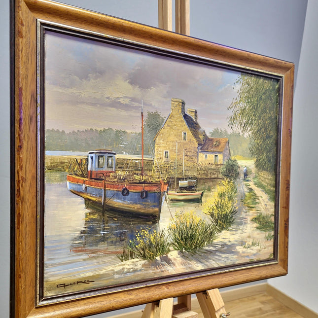 Vintage French Boats Painting, Original Oil Painting, Brittany Harbor Scene, Above Bed Decor, 1940s Nautical Artwork, Housewarming Art Gift