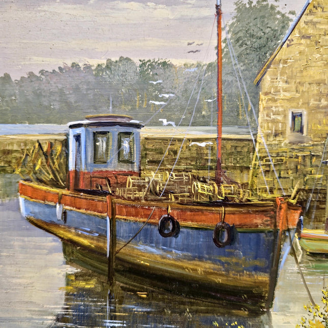 Vintage French Boats Painting, Original Oil Painting, Brittany Harbor Scene, Above Bed Decor, 1940s Nautical Artwork, Housewarming Art Gift