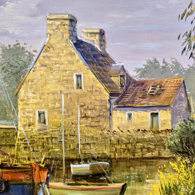 Vintage French Boats Painting, Original Oil Painting, Brittany Harbor Scene, Above Bed Decor, 1940s Nautical Artwork, Housewarming Art Gift
