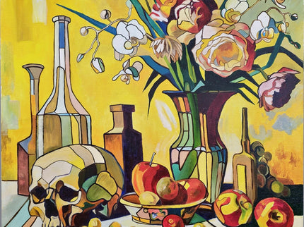 Vibrant Still Life Original Oil Painting, Modern Moody Floral Fruits Skull Cubist Contemporary Paintings, Modern Home Farmhouse Decor
