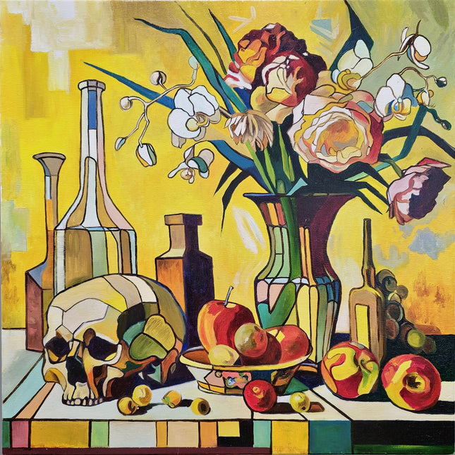 Vibrant Still Life Original Oil Painting, Modern Moody Floral Fruits Skull Cubist Contemporary Paintings, Modern Home Farmhouse Decor