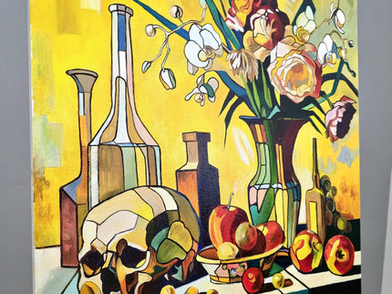 Vibrant Still Life Original Oil Painting, Modern Moody Floral Fruits Skull Cubist Contemporary Paintings, Modern Home Farmhouse Decor
