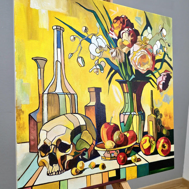 Vibrant Still Life Original Oil Painting, Modern Moody Floral Fruits Skull Cubist Contemporary Paintings, Modern Home Farmhouse Decor