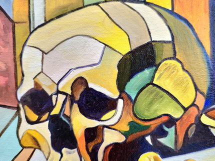 Vibrant Still Life Original Oil Painting, Modern Moody Floral Fruits Skull Cubist Contemporary Paintings, Modern Home Farmhouse Decor