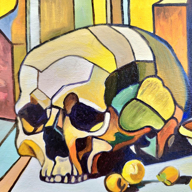 Vibrant Still Life Original Oil Painting, Modern Moody Floral Fruits Skull Cubist Contemporary Paintings, Modern Home Farmhouse Decor