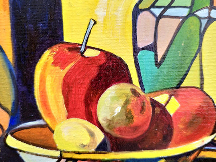 Vibrant Still Life Original Oil Painting, Modern Moody Floral Fruits Skull Cubist Contemporary Paintings, Modern Home Farmhouse Decor