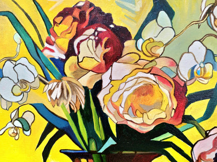 Vibrant Still Life Original Oil Painting, Modern Moody Floral Fruits Skull Cubist Contemporary Paintings, Modern Home Farmhouse Decor
